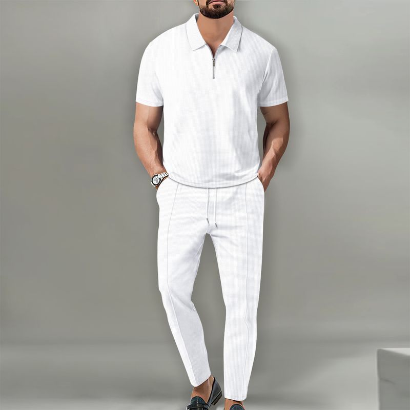 2025 Frühling und Herbst Neue Herren Einfarbig Anzug Waffel Kragen Kurzarm Zipper Lange Hosen Set_voghion.com