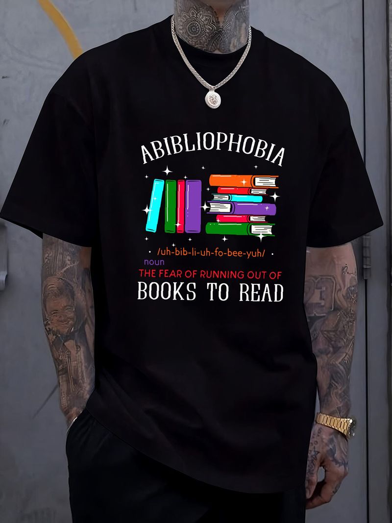 Abibliofobia Bibliofilia Strach Czytaj Bibliofil Mól książkowy Koszulka Stylowa letnia casualowa designerska odzież Oddychająca rozciągliwa unisex męska_voghion.com