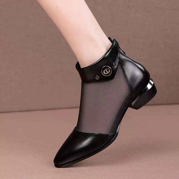 Coole Stiefel Damen Mesh Damen Sandalen Hohle Sandalen Dicker Absatz Spitz Niedriger Absatz Netzstiefel_voghion.com