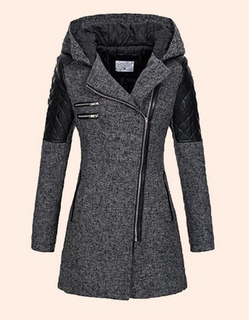 Dammemantel mat diagonaler Reißverschluss, Kapuzen a Kotteng gepolsterter Hautpois, laanger, décker, waarmer Windjacke fir Fraen._voghion.com