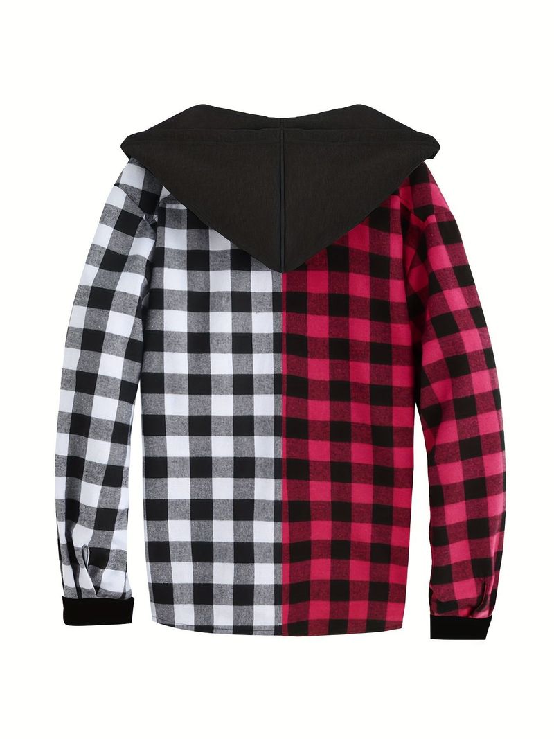 Felpa con cappuccio a quadri, con cappuccio in flanella e con cappuccio a contrasto, con cappuccio di tendenza alla moda di New York da uomo_voghion.com