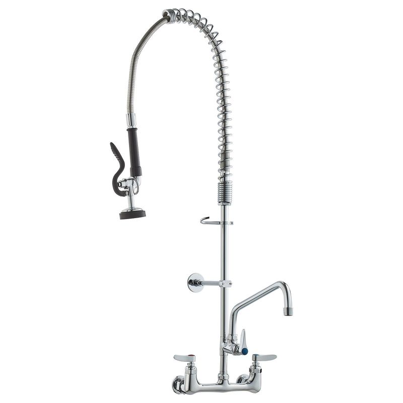 VEVOR Commercial Faucet With Pre-Rinse Sprayer, 36" Height, 8" Center, 12" Swing Spout, Wall Mount Kitchen Sink Faucet, Brass Constructed Device With Pull Down Spray, For 1/2/3 Compartment Sink_voghion.com
