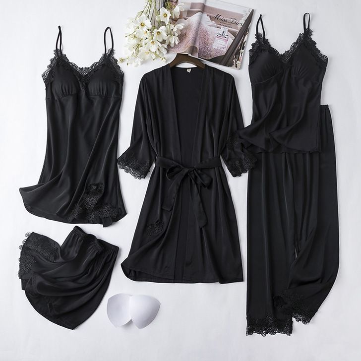 Underwear Pajamas Women Summer Ice Silk Sexy Suspenders Nightdress With Chest Pads Simulation Silk Satin Nightgown Five Piece Suit Home Clothes_voghion.com