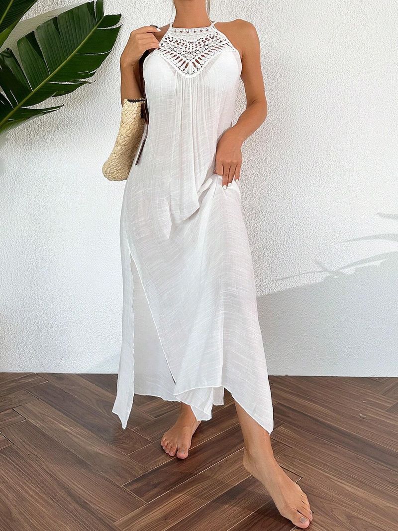 Abito lungo da spiaggia per le vacanze da donna, con scollo all'americana, in pizzo e traforato_voghion.com