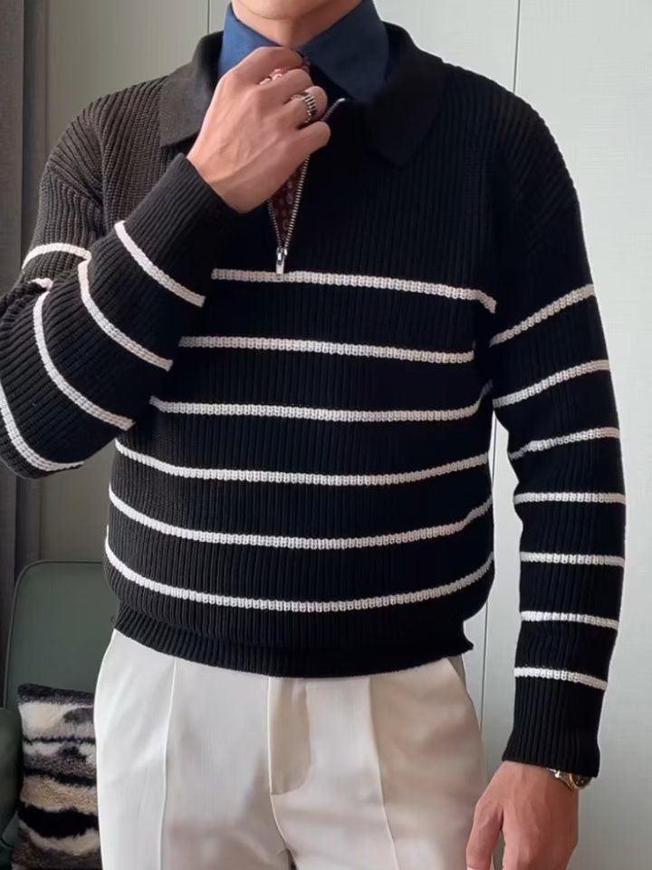 Boy Boy Boy Boy Design Sense Halbreißverschluss-Streifenpullover für Herren, lässiger Strickpullover mit langen Ärmeln für Herbst und Winter, schmale Passform, Umlegekragen_voghion.com