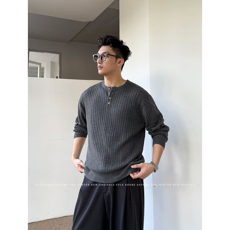 Henley-Kragen Langarm-Strickpullover Herren Leichte Business-Herbst-Winter-Oberbekleidung Gerippte Textur Trendy_voghion.com