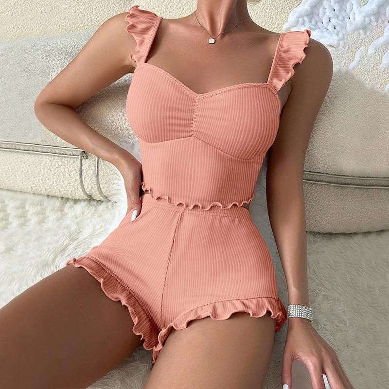 Completo da notte da donna Kawaii Pama composto da 2 pezzi, top e pantaloncini sexy, comodo e traspirante, con volant._voghion.com