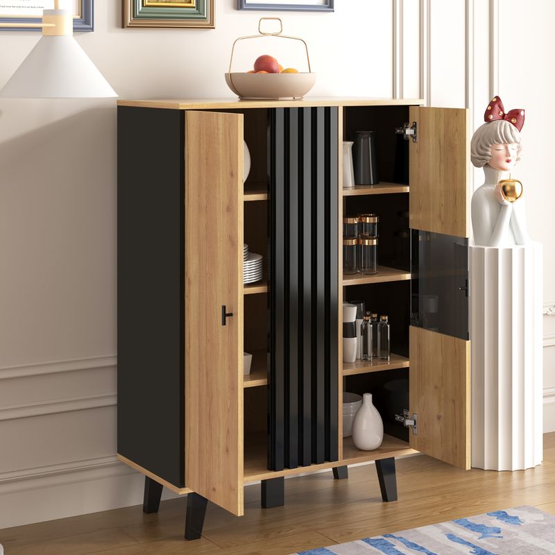 Buffet avec éclairage LED et verre, armoire en stratifié beige avec finition noire et bois, design unique à rayures noires_voghion.com