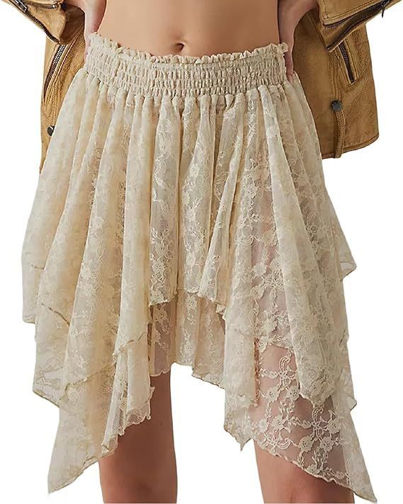 Abbigliamento da donna, minigonna in pizzo Y2k da donna, gonna estiva con bretelle in pizzo, gonna corta a strati in pizzo floreale con volant_voghion.com