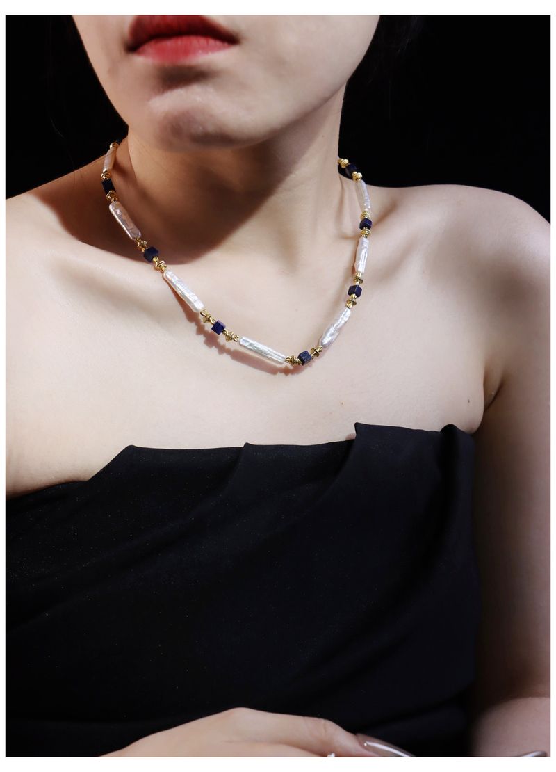 Natural Baroque Lapis Lazuli & Freshwater Pearl Beaded Necklace | Niche Design Light Luxury Clavicle Chain_voghion.com