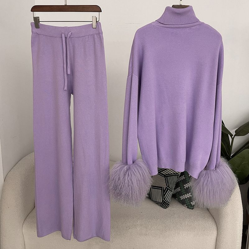 Ensemble en tricot avec poignets en fourrure de renard pour femme – Pull ample à col montant et pantalon large pour l'automne/hiver_voghion.com
