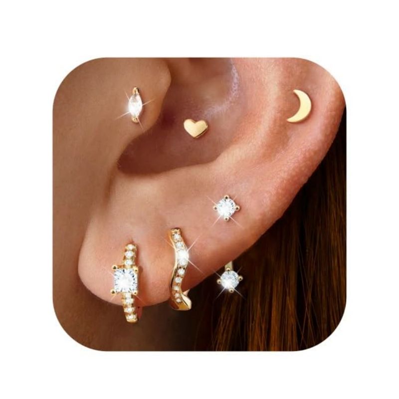 Orecchini unisex a forma di luna, semplici e alla moda, con zirconi intarsiati, set di sei pezzi._voghion.com