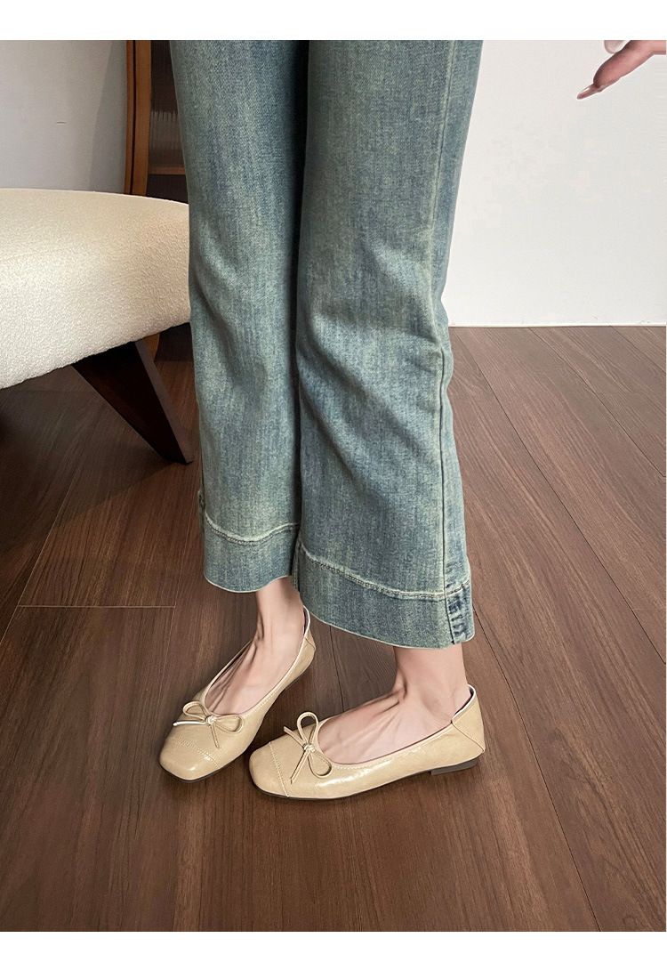 Square Head Bow Ballet Single Shoes Women's Flat-soled Laden Shoes French One-pedal Beanie Shoes_voghion.com