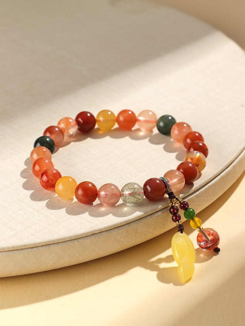 Braccialetto artistico con ciondolo a forma di foglia d'ambra di ispirazione cinese - Design con perline di cristallo per donna | Simboleggia fortuna, prosperità e longevità_voghion.com