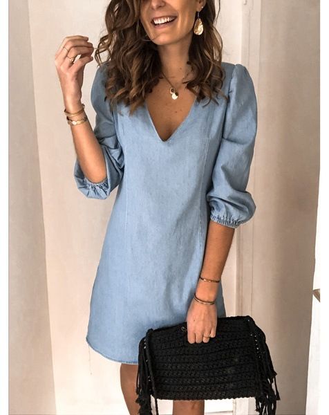 Women's Outnet Solid Color V-neck Short Sleeve Casual Loose Plus Size Plus Size Denim Dress_voghion.com