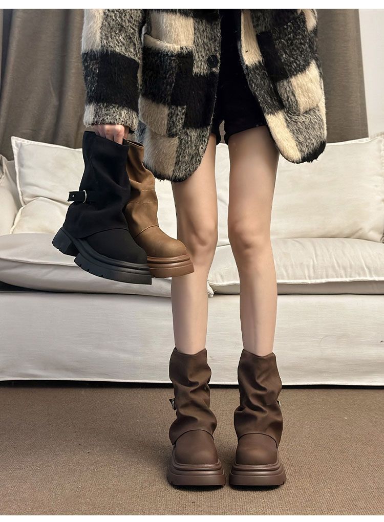 ShoeGlobe 2025 Retro Dicke Sohle Kurze Herbst Winter Neue Martin Western Style Höhersetzende Slim-Fit Denim Stiefel_voghion.com