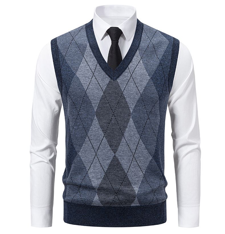 Herrenbekleidung, V-Ausschnitt, Jacquard, Slim Fit, V-Ausschnitt, Jacquard-Strickpullover für Herren – leichtes, ärmelloses Pullover-Oberteil (Grau, Marineblau, Weinrot)_voghion.com