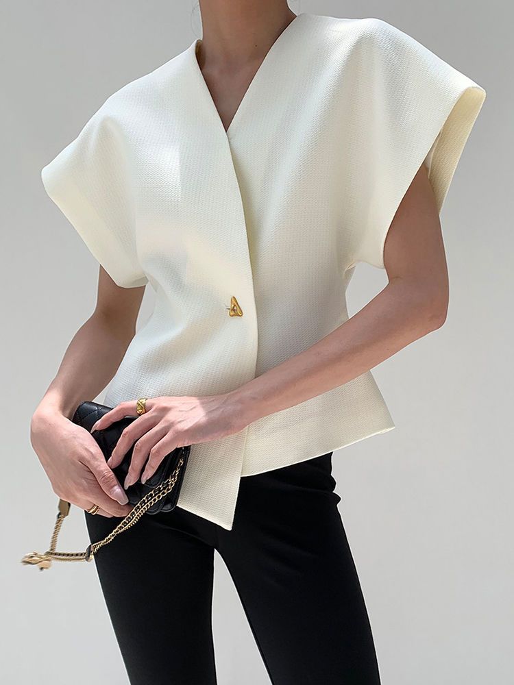 Damenbekleidungsanzug mit überschnittenen Schultern, Ärmeln, Westendesign mit einem Knopf an der Taille, schlankmachendes Modeoberteil_voghion.com