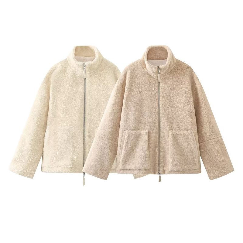 Cappotto in pelliccia sintetica con collo alto da donna – Giacca oversize in tweed con finiture in pelliccia (beige/kaki/marrone/leopardo, S/M/L/XL)_voghion.com
