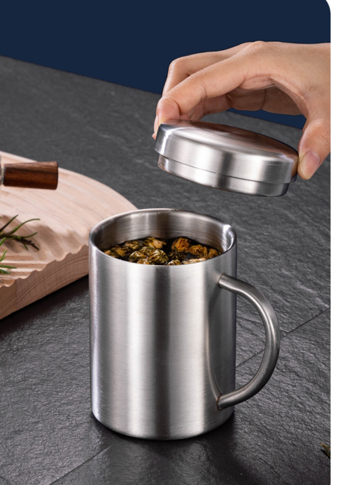 304 Stainless Steel Mug Insulated Anti-scald Double-layer Lid Water Coffee Cup_voghion.com
