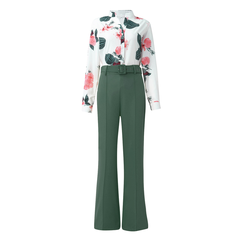 Ropa de mujer traje casual estampado cuello alto camisa de manga larga top pantalones de pierna ancha conjunto de dos piezas_voghion.com