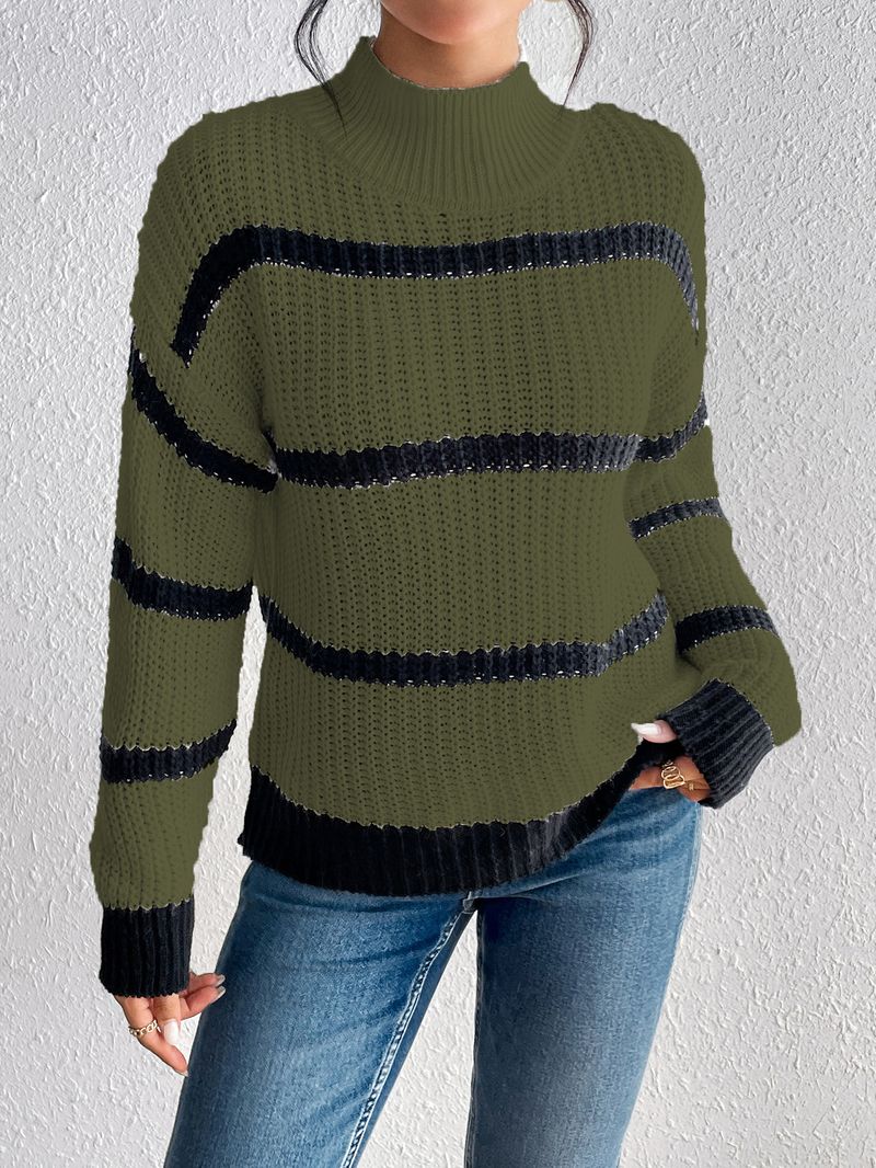 Damenmode Ins Style Schlichter einfarbiger Pullover mit Rollkragen und Streifen_voghion.com
