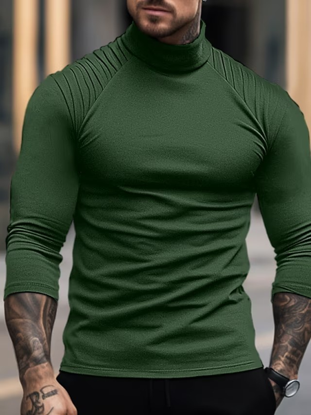 Man's clothing Men's solid color slim-fit high-neck long-sleeved T-shirt personality fashion pleated with rotator sleeves_voghion.com