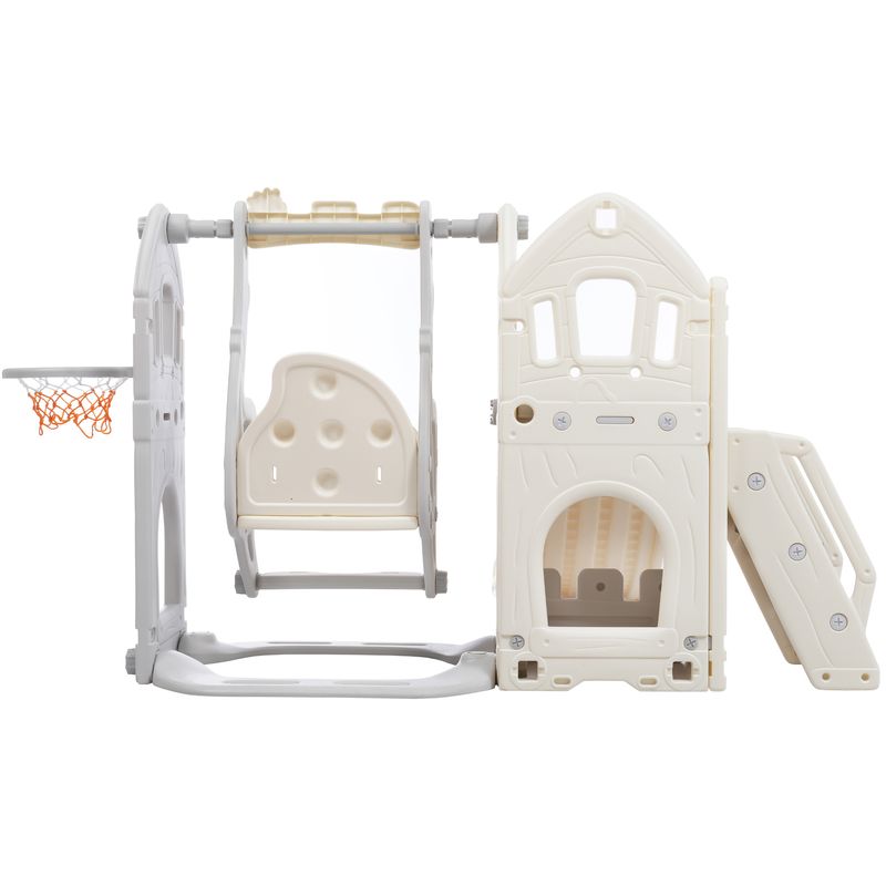 Ensemble de toboggan 5 en 1 pour enfants avec balançoire, escalade, rangement et cadre de basket-ball, toboggan intérieur et balançoire combinés pour enfants_voghion.com