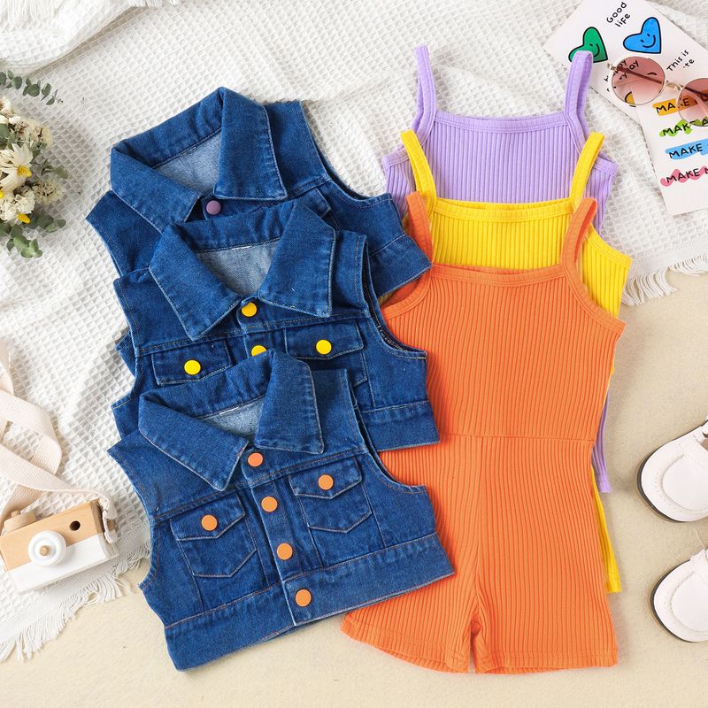 Treasure Salary Children's Fashion Summer Small and Medium Girls Solid Color Pit Stripe jumpsuit+Cowboy Vest Set_voghion.com