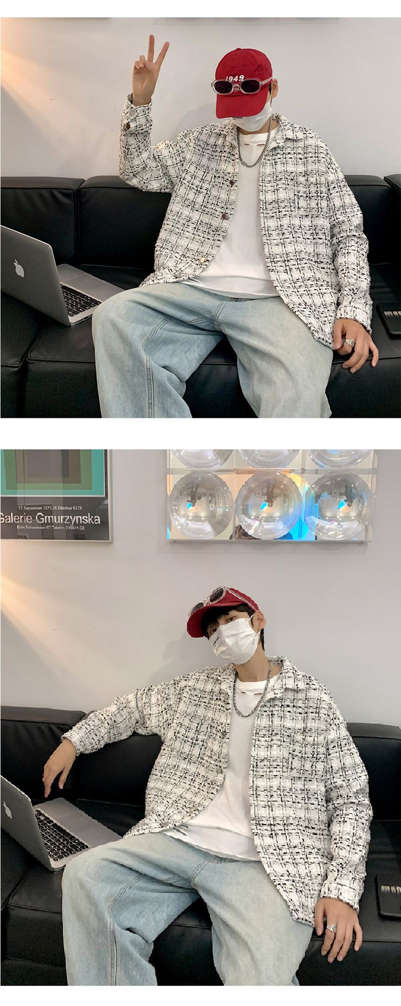 Pi Shuai Mantel Herren INS Trendy Plaid Strickoberteil Frühling und Herbst Koreanische lockere Freizeitarbeitsjacke_voghion.com