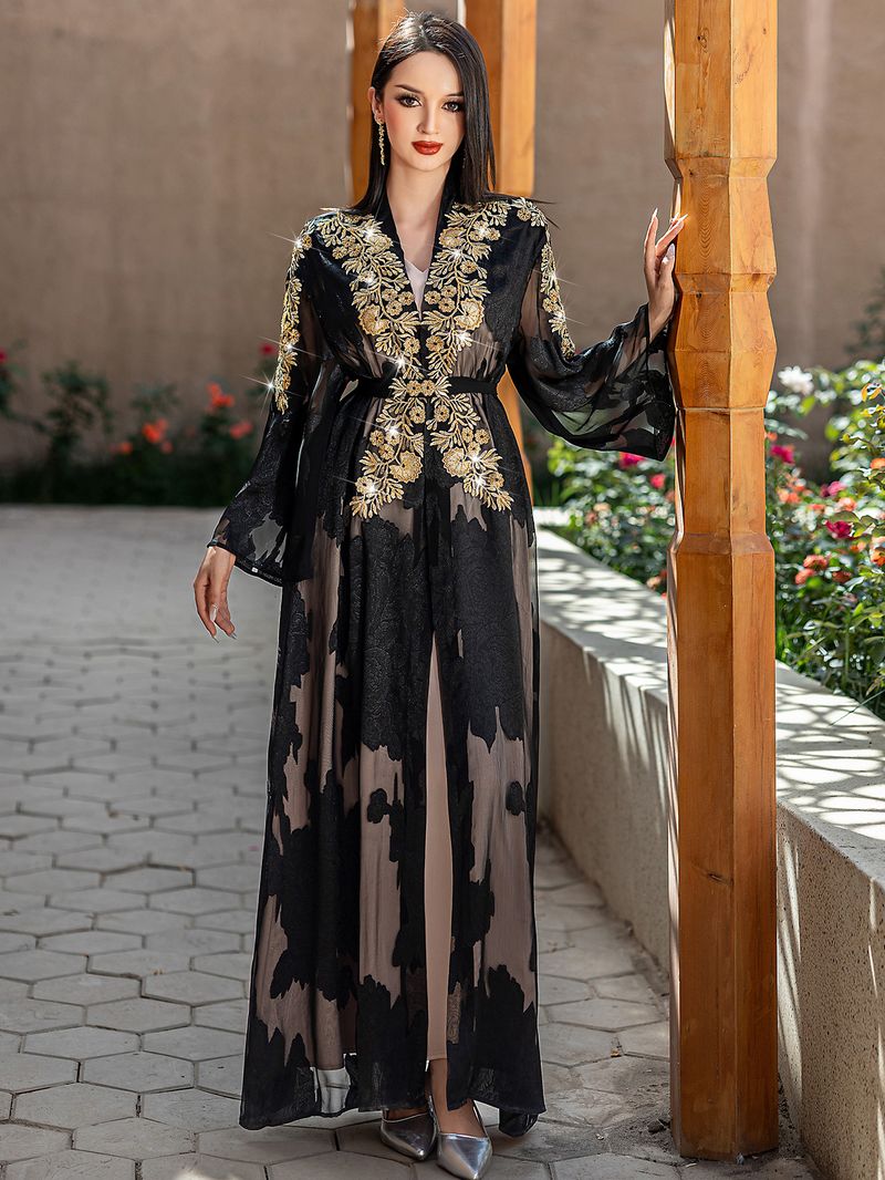 Black & Gold Embroidered Two-Piece Abaya Set With Belt - Elegant Lace Islamic Robe_voghion.com