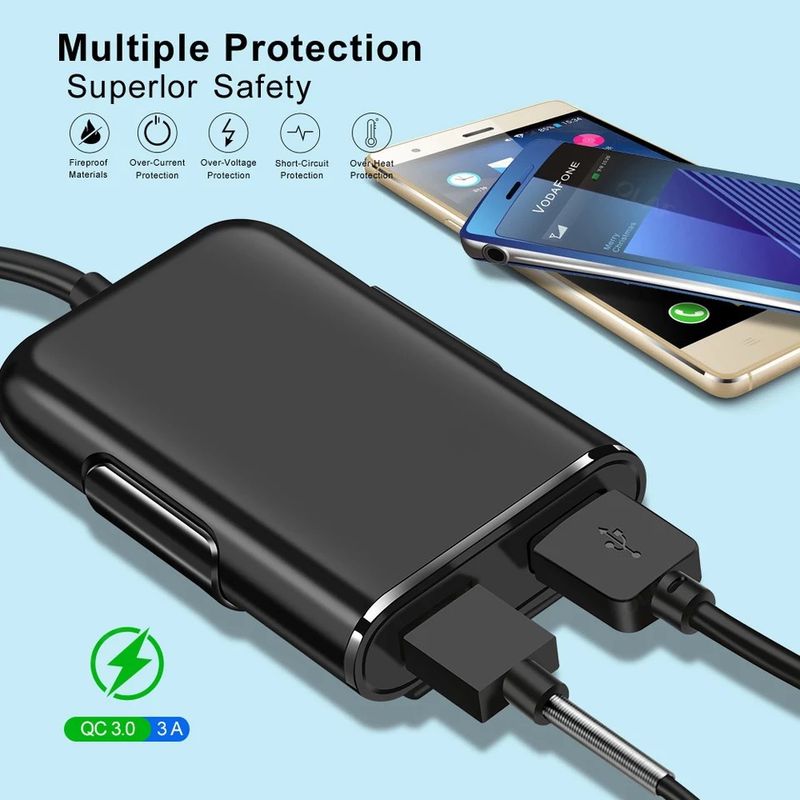 Music Festival  40W 8A QC3.0 front and rear seat charger fast one to four USB with cable, multi port flash charging, car charging_voghion.com