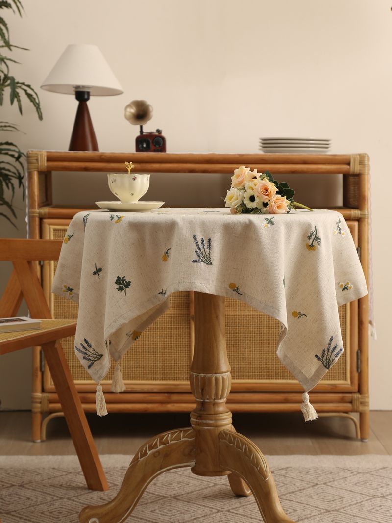 Linen Tablecloth With Lavender Embroidery – 60x60cm & 90x90cm, Natural Fabric, Heat-Resistant, Stylish Home Decor For Dining Table Or Coffee Table_voghion.com