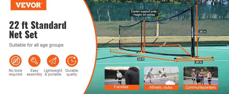 VEVOR Pickleball Net Set, 22FT Regulation Size Portable Pickleball System With Carrying Bag & Balls & Paddles, Weather Resistant Steady Metal Frame & Strong PE Net, For Outdoor Backyard Driveway_voghion.com