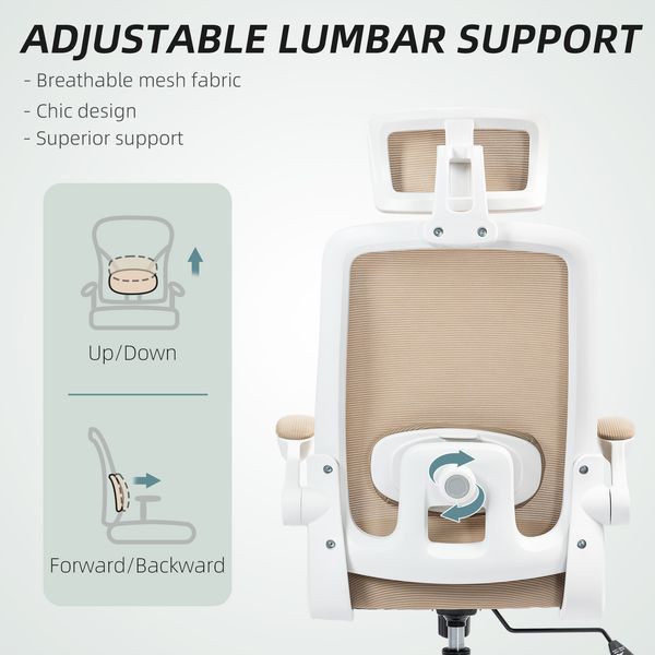 HOMCOM Mesh Chair, Office Chair With Rotatable Headrest, Flip-up Arms, Adjustable Lumbar Support, Smooth Mobility, Khaki_voghion.com
