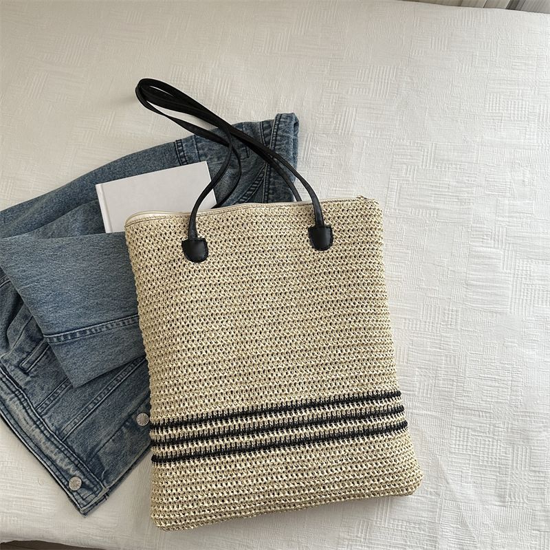 Borsa a tracolla casual a righe, grande capacità, semplice, alla moda, estiva, da donna, intrecciata in paglia, 2024_voghion.com