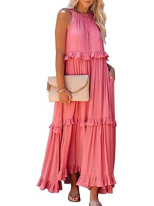 Vestidos largos con volantes estilo festivo para mujer Vestidos de playa fluidos con gran oscilación_voghion.com