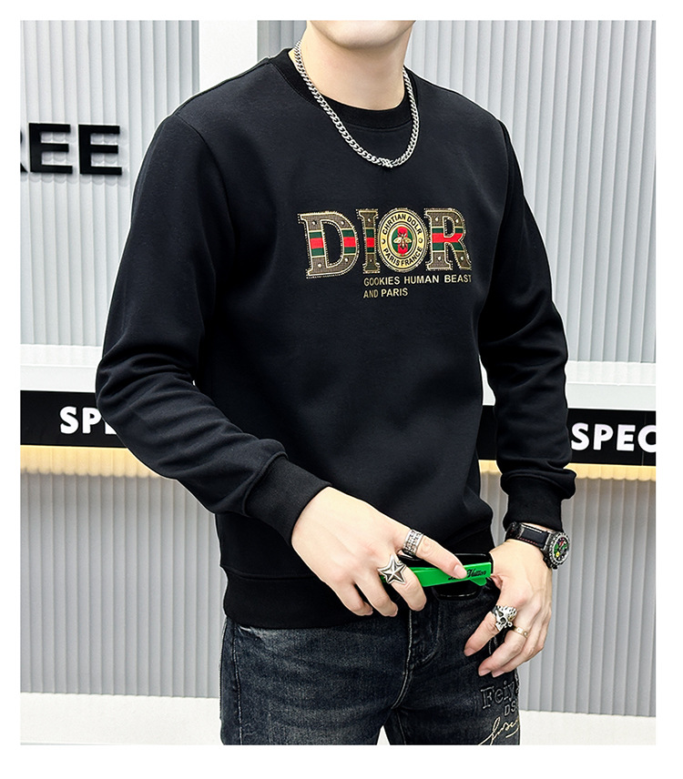 Herenkleding Hot drill reliëf lange mouwen ronde hals heren licht luxe modemerk high-end vrijetijdsbesteding effen kleur hoodie heren_voghion.com