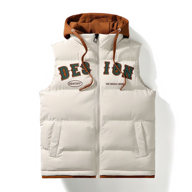 Autumn Winter Hooded Vest Loose Fit Fleece Warm Thickened Waterproof Waistcoat Cotton Jacket For Men_voghion.com