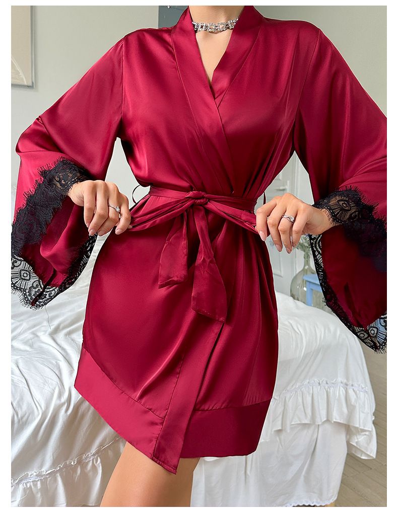 Europäische und amerikanische Cross Border Sexy Nachthemd Medium Bademantel Sexy Pyjamas Damen Langarm Damen Satin Home Kleidung Großhandel 735_voghion.com
