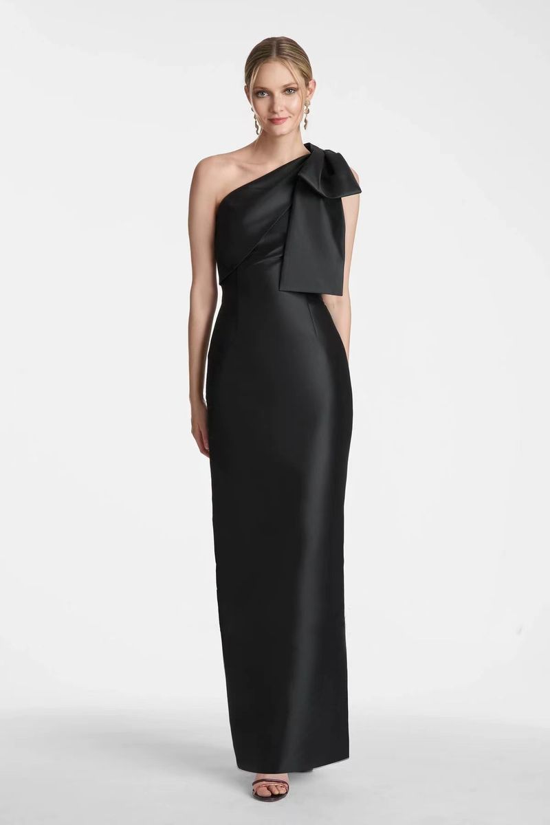 Elegante abito da sera nero con fascia e fiocco - Abito formale monospalla in poliestere elasticizzato per donna, sofisticato ed elegante_voghion.com