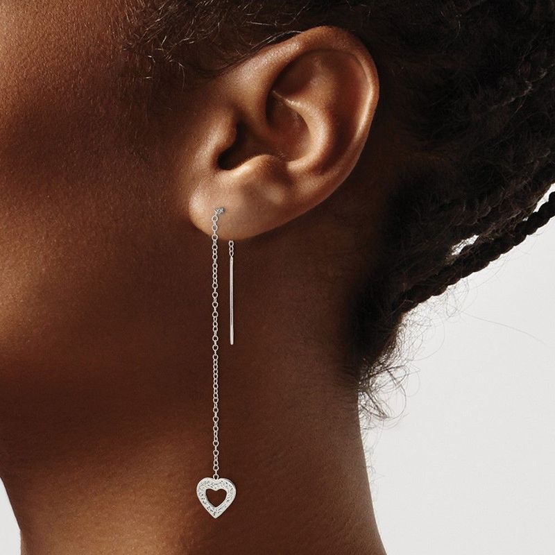 Sterling Silver Polished & Hammered Heart Threader Earrings_voghion.com