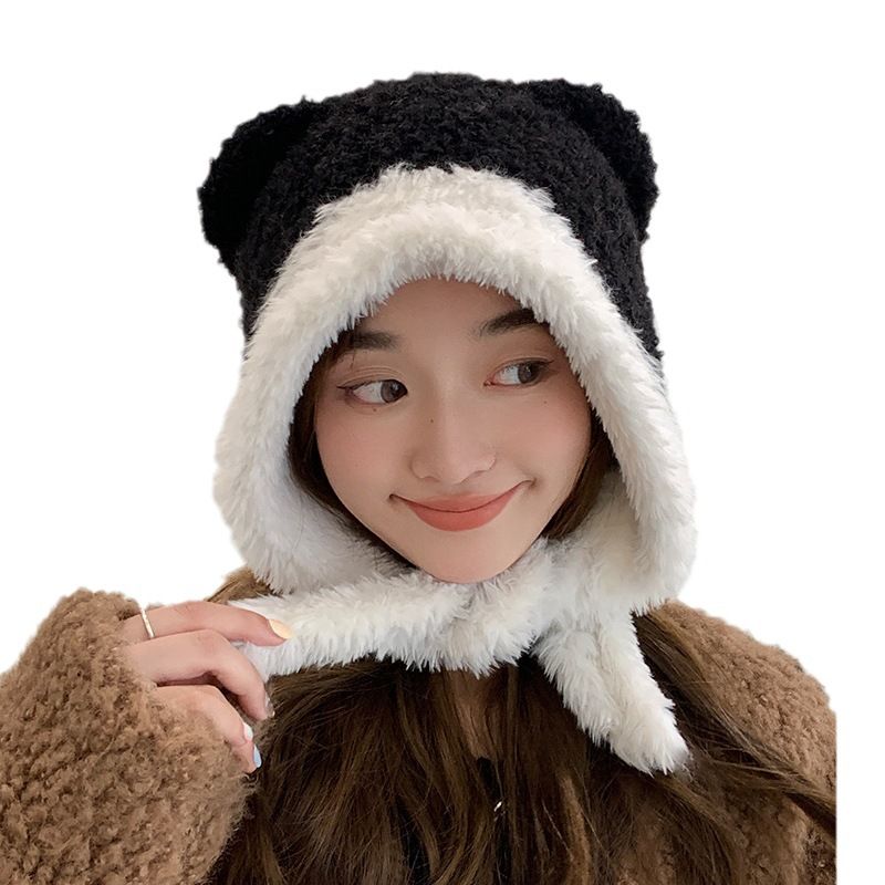 Cute Little Bear Children's Winter Thickened and Warm Ear Protection Plush Lace up Big Headband Knitted Woolen Hat_voghion.com