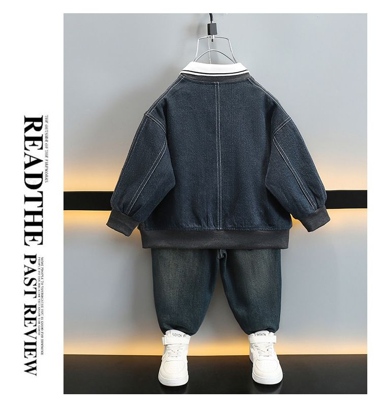 Outfit primavera autunno 2025 Nuovi vestiti alla moda per bambini con colletto rovesciato e patchwork di denim per ragazzi casual_voghion.com