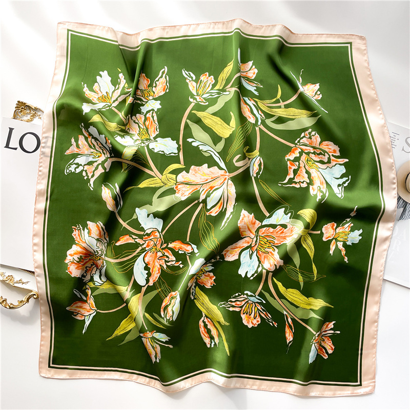 Frühlingsausflug kleiner Seidenschal 70 cm quadratischer Schal, vielseitiger Pflanzen- und Blumenschal, dekoratives Sonnenschutz-Stirnband,_voghion.com