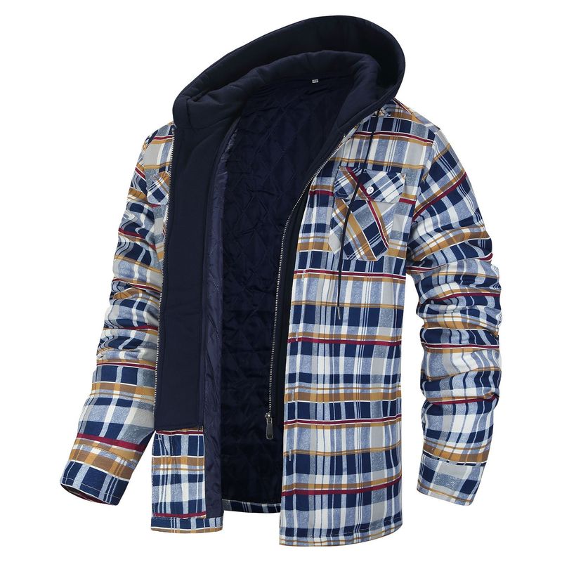 Abbigliamento maschile Autunno e inverno Cappotto in cotone spesso a quadri a maniche lunghe con cappuccio largo_voghion.com