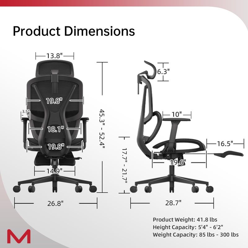 M2-MT Ergonomic Office Chair High Back Desk Chair With Large Elastic Adaptive Lumbar Support With Retractable Footrest 3D Headrest ARSS Armrest 135°Tilting Mesh Computer Chair BIFMA_voghion.com