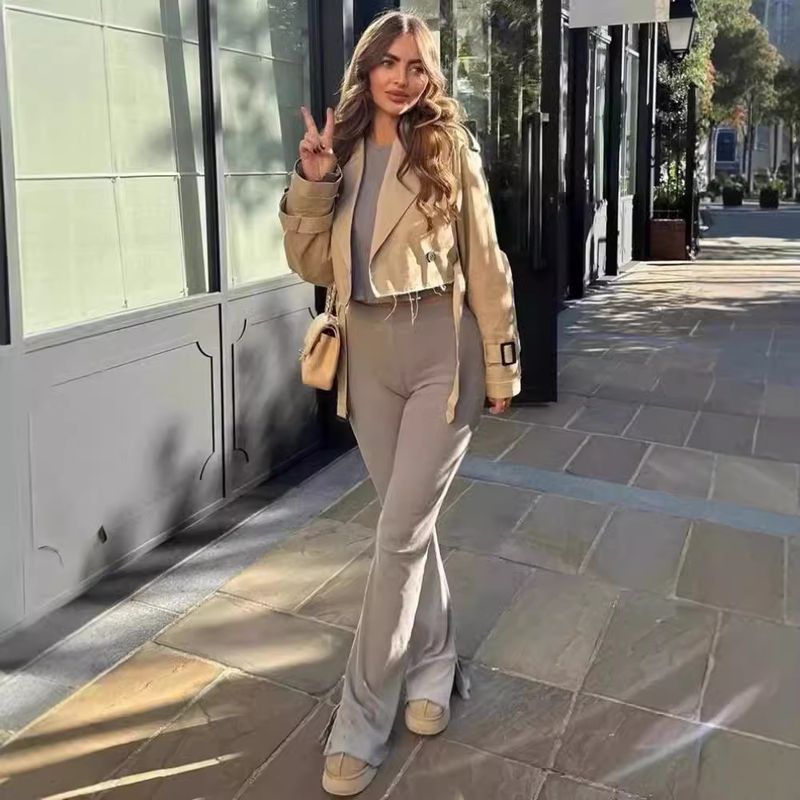 Trench corto da donna – Giacca blazer casual slim fit con cintura, doppiopetto (nero, cachi, marrone scuro, blu navy, verde militare)_voghion.com