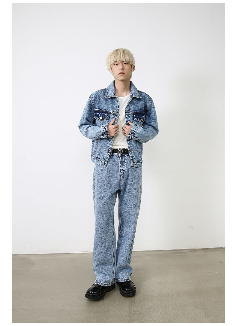 Herrenbekleidung Retro Kurze Jeansjacke Herren Loose Straight Washed Blue Jeans Anzug_voghion.com