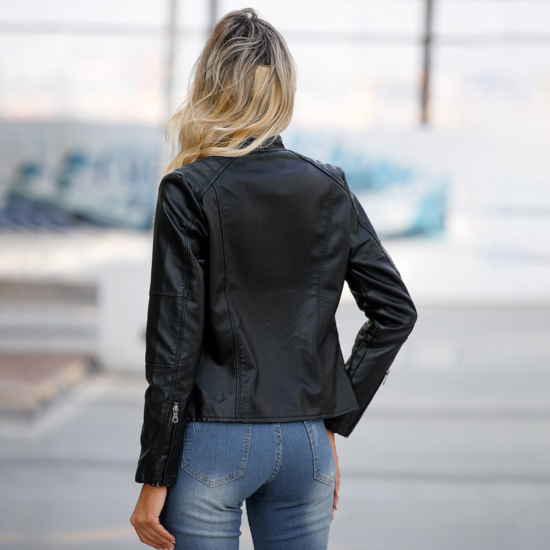 European Women's Slim Fit Thin Spring Autumn Coat Ladies Motorcycle Plus Size Stand Collar Leather Jacket_voghion.com
